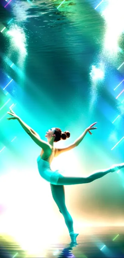 Underwater ballerina performs elegantly with teal and golden lighting.