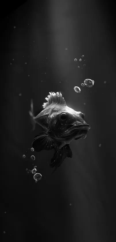 Monochrome underwater fish swimming with bubbles.