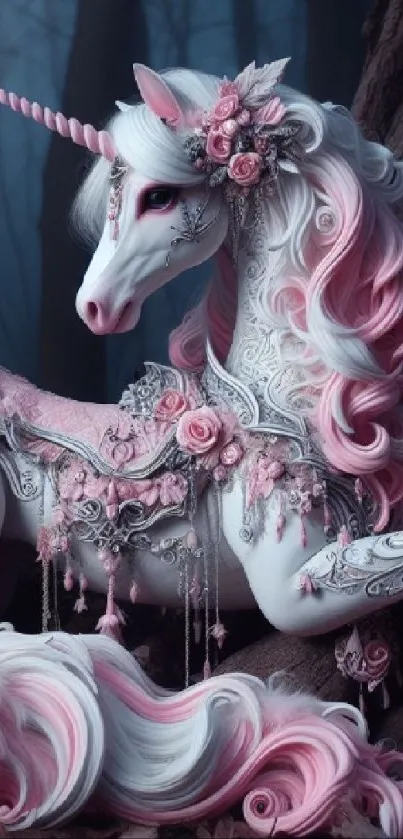 Enchanting unicorn adorned with pink flowers in a mystical forest setting.