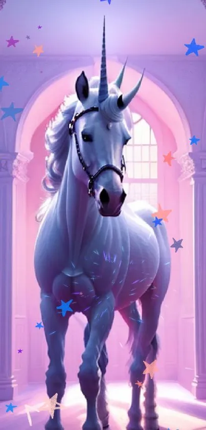 Majestic white unicorn in a mystical pink-lit room.