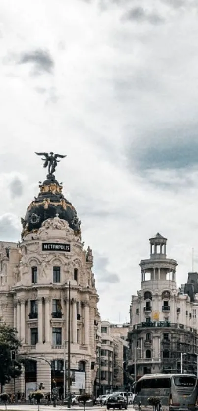 Elegant urban architecture with classic buildings and a dramatic sky.