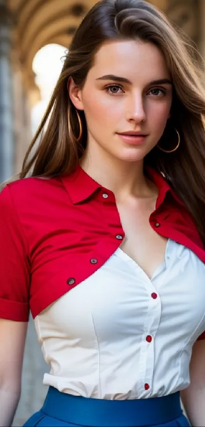 Elegant woman in red top with urban background and classic architecture.