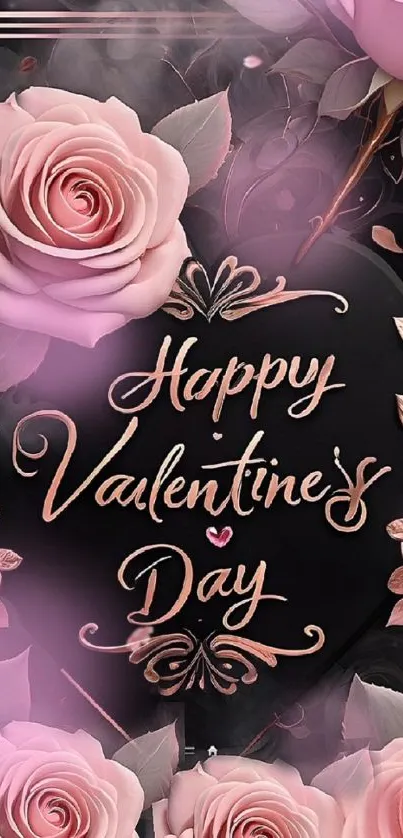 Happy Valentine's Day wallpaper with pink roses and elegant script.