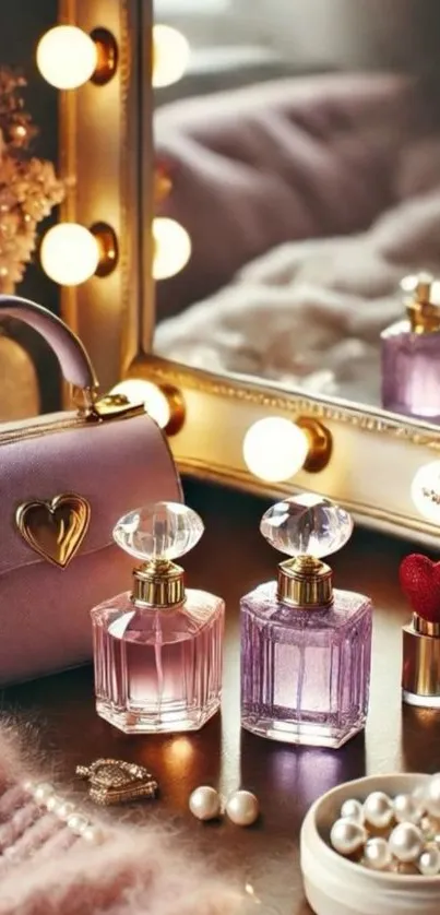 Elegant vanity setup with perfume and accessories.