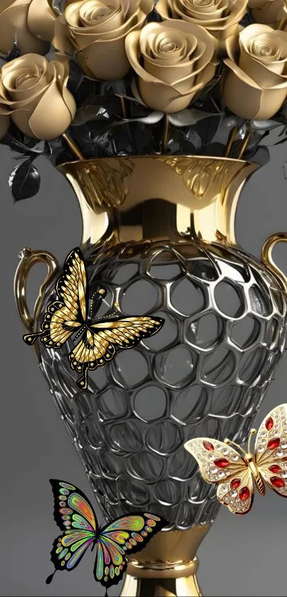 Luxurious gold vase with artistic butterflies and golden roses.