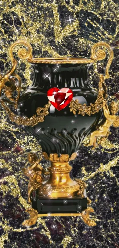 Elegant black vase with gold cherubs and red jewel on marble.