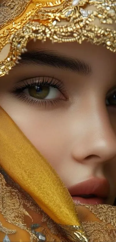 Close-up of a woman's eye with golden veil.