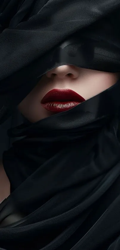 Mysterious portrait with black veil and red lips.