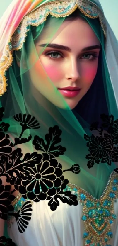 Beautiful veiled woman with ornate floral design on mobile wallpaper.