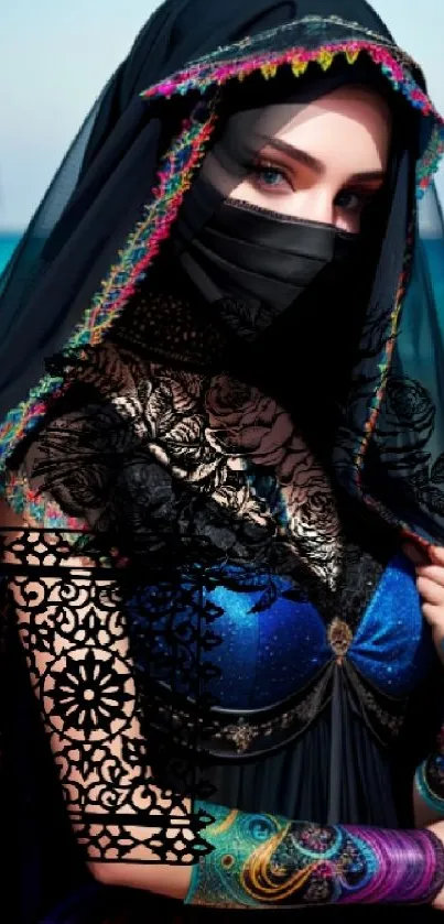 Elegant veiled woman on a beach with vibrant and intricate attire.