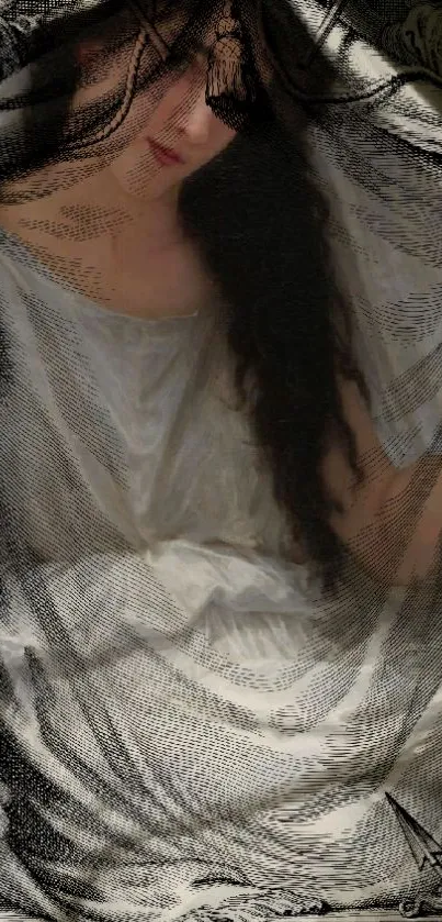 Veiled woman in classic art style on mobile wallpaper.