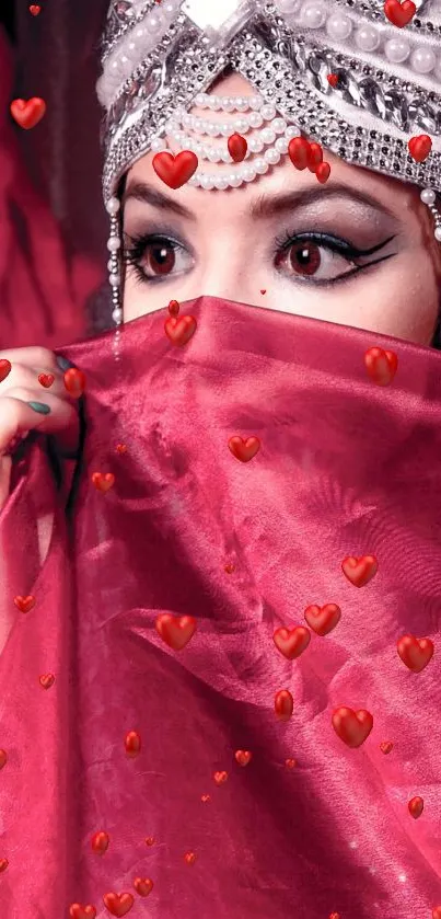 Veiled woman with pearls and red hearts mobile wallpaper.