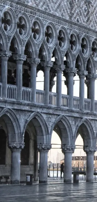 Venetian Gothic architecture with arches and intricate stonework.