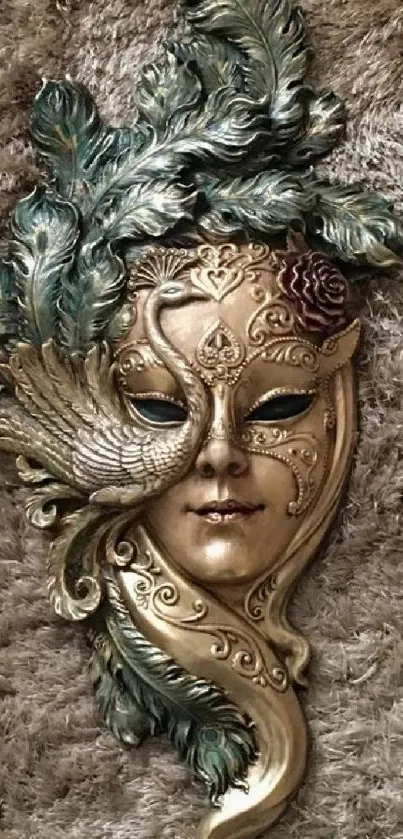 Intricate Venetian mask with gold and feather details on textured background.