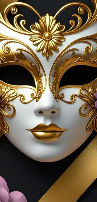 Venetian mask with gold accents and floral details on black background.