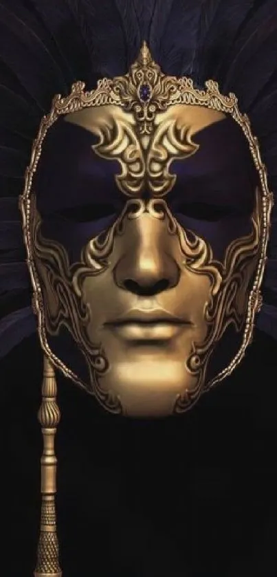 Elegant Venetian mask with gold details and feathers wallpaper.