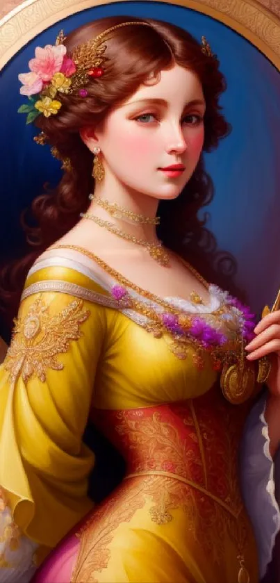 Victorian portrait art of a lady in a golden gown with intricate details.