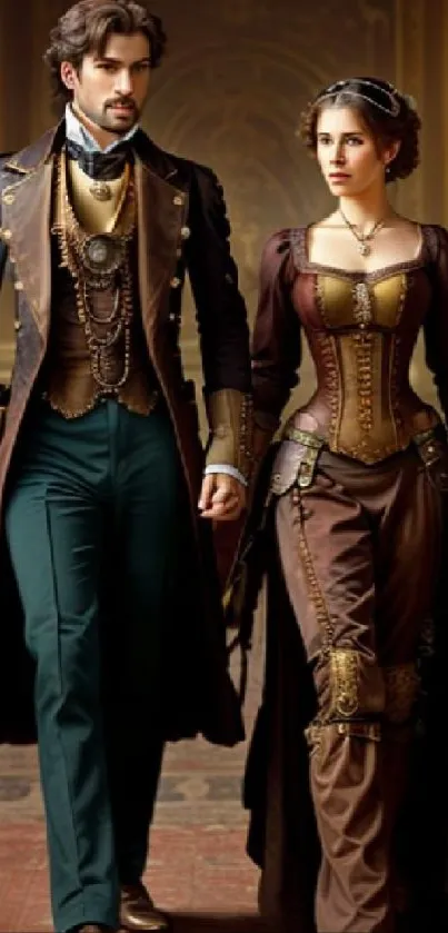 Victorian couple in elegant vintage attire, standing in a classic setting.