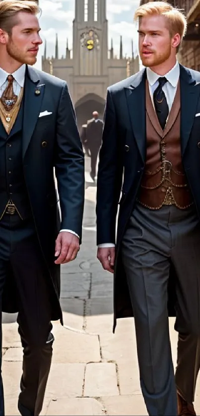 Two gentlemen in Victorian suits walking elegantly outdoors.