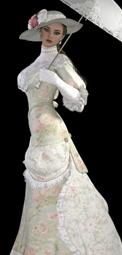 Elegant Victorian lady with lace parasol in floral dress.