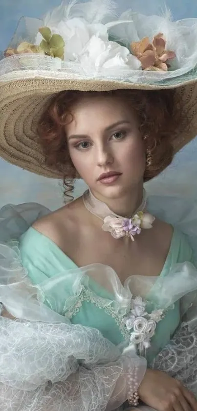 Victorian lady wearing a large hat with flowers.