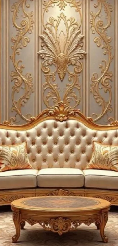 Luxurious Victorian living room with gold detailing and plush sofa set.