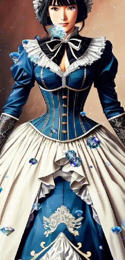 Victorian maid in elegant blue and white dress wallpaper.