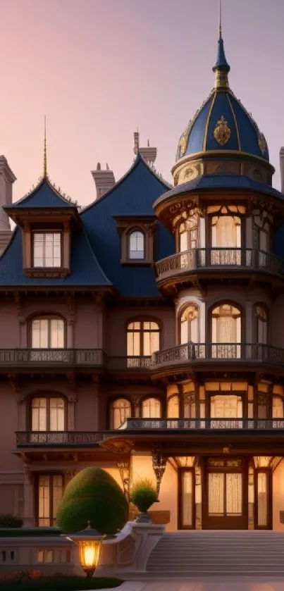 Elegant Victorian mansion at dusk, featuring intricate architectural design.