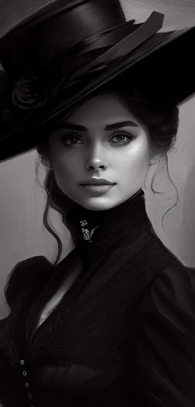 Monochrome illustration of woman in elegant Victorian hat and dress.