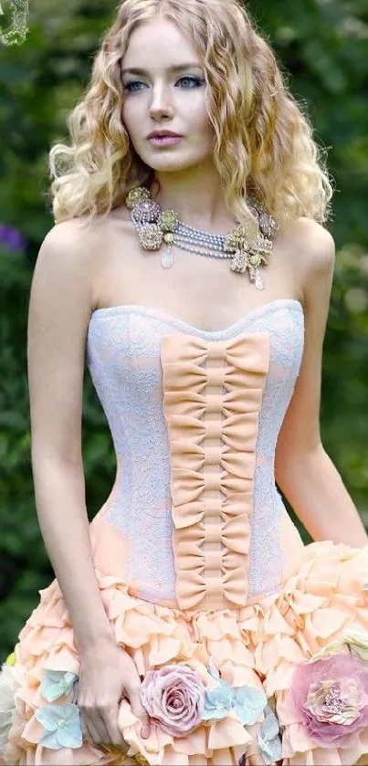 Victorian-style dress with pastel ruffles and floral details in an elegant outdoor setting.