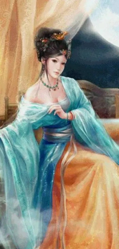 Vintage art wallpaper of a serene lady with blue and peach garments.