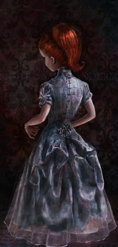 Artwork of a red-haired girl in a vintage dress with an ornate background.