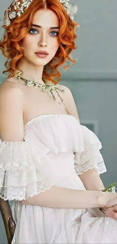 Graceful woman in white dress with floral headpiece, vintage style portrait.