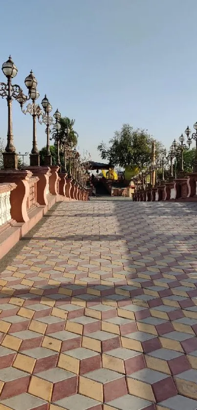 Vintage bridge with ornate lamps and patterned pavement.