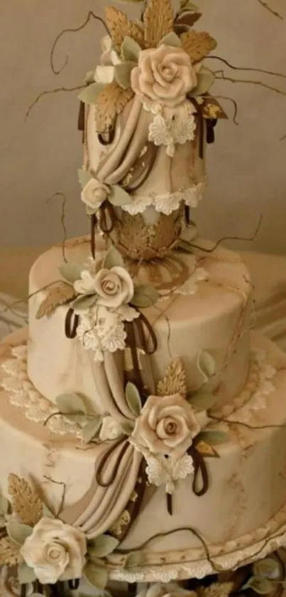 Elegant vintage cake with floral decorations and beige tones.