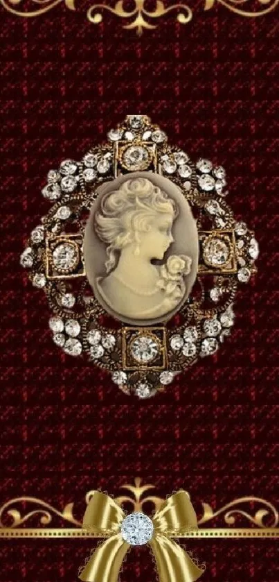 Vintage cameo with gold and rhinestones on rich red background.