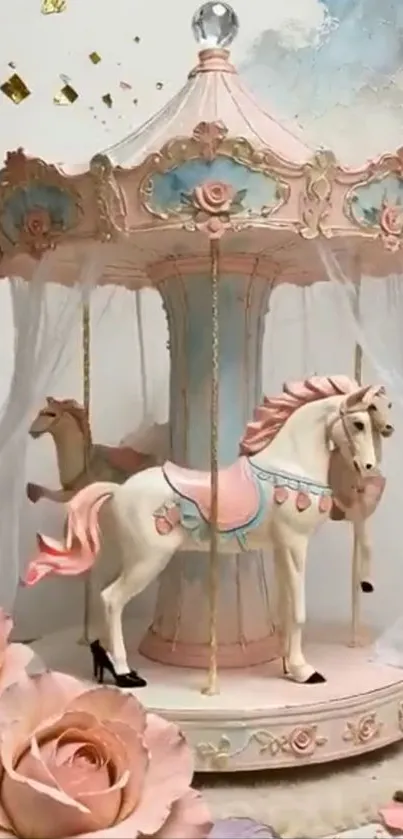 Elegant pink and white vintage carousel with horses.