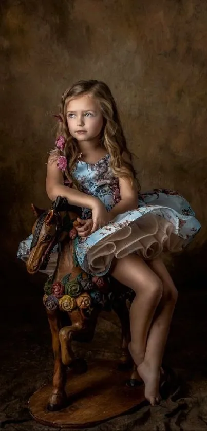 Young girl on a wooden carousel horse in vintage style.