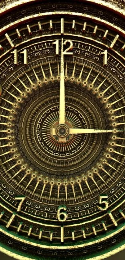 Antique clock design with intricate details and a golden hue.