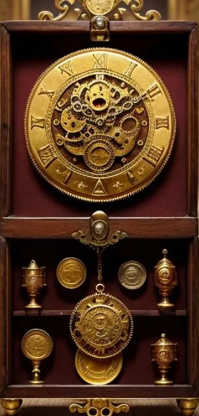 Intricate vintage gear clock with gold accents.
