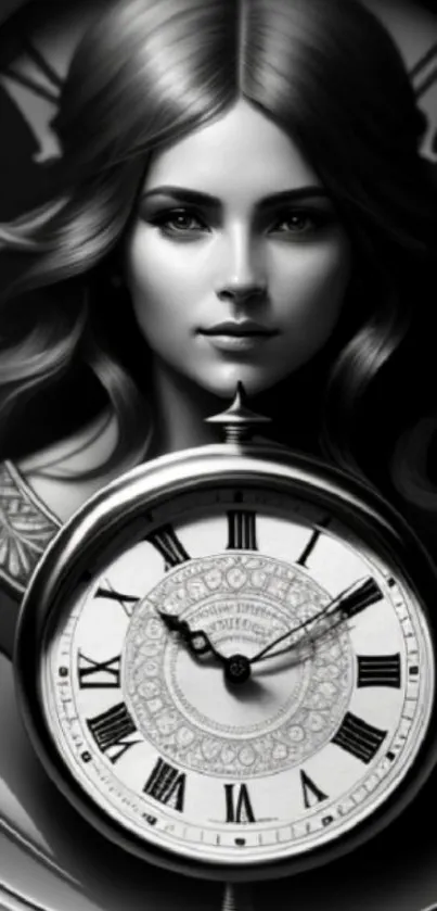 Elegant black and white vintage clock wallpaper with a sophisticated design.