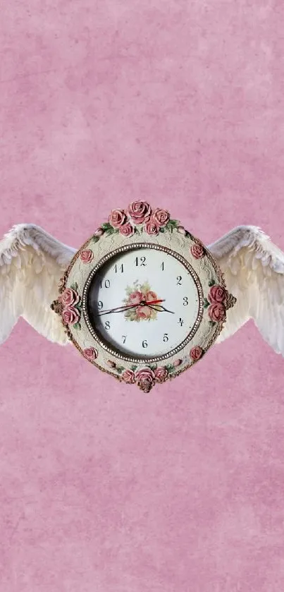 Vintage winged clock on pink textured background.