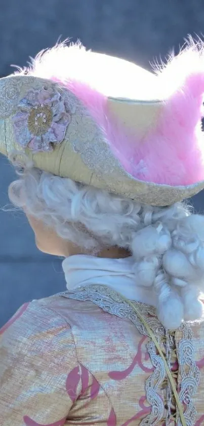 Elegant vintage costume with pink feathers.