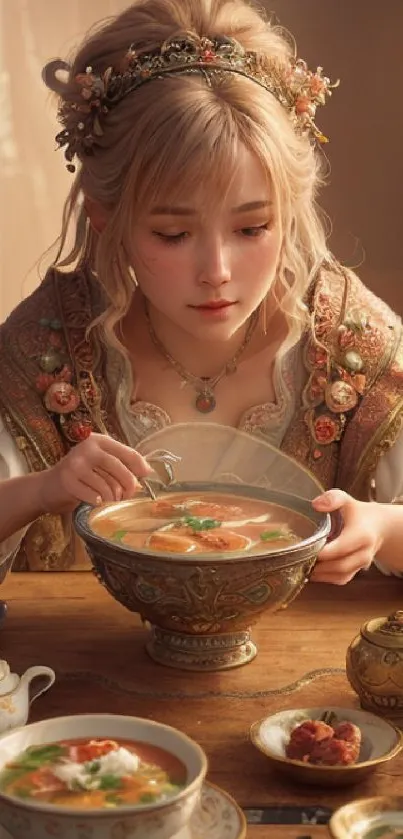 Young woman in vintage attire enjoying a meal.