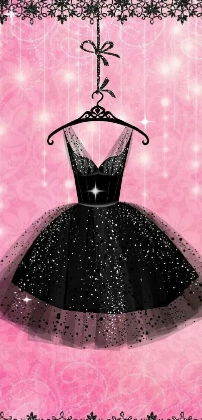 Elegant black dress on pink wallpaper with sparkles.