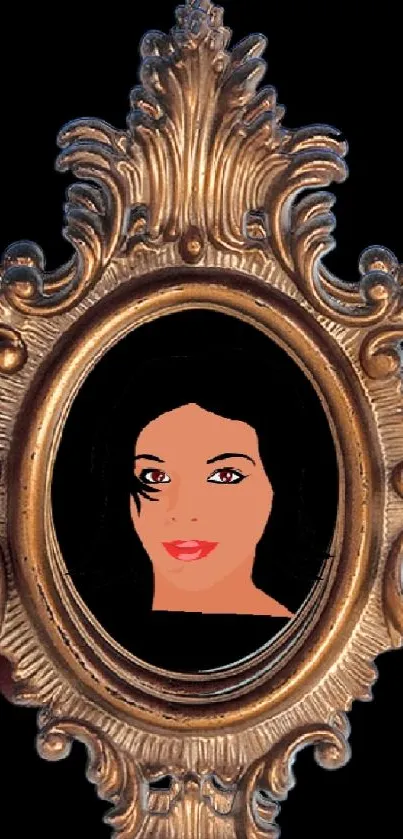 Mobile wallpaper with ornate gold frames and classic portrait on a black background.