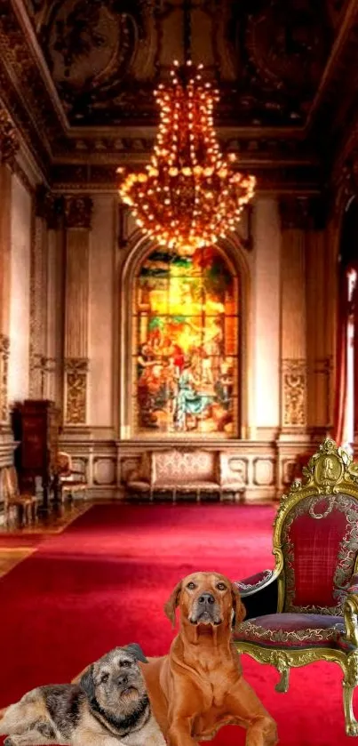 Luxurious vintage hallway with red carpet and ornate chandeliers.