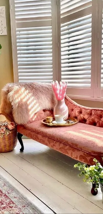 Vintage-style room with pink sofa, plants, and soft lighting.