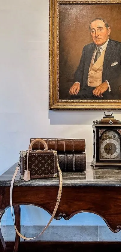 Vintage interior wallpaper with elegant decor and classic portrait.