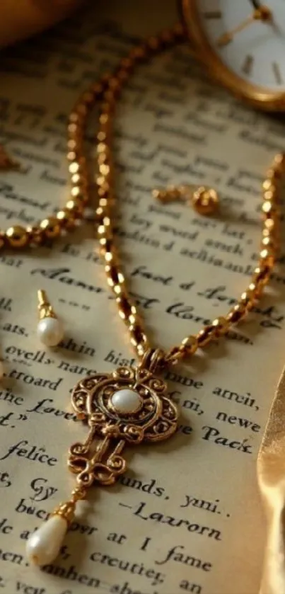 Vintage jewelry on script background with golden tones